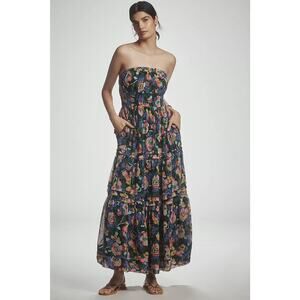 Anthropologie Black Floral Strapless Tiered Maxi Dress NWOT